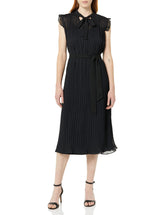DKNY Women's Short Sleeve Neck Pleated Midi Dress, Black Tie, 2